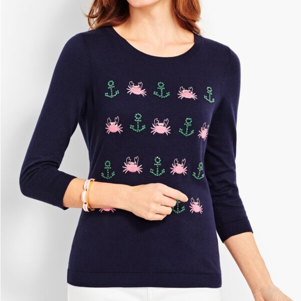 TALBOTS Seashore Embroidered Crewneck Sweater Top Navy Blue Size XL New